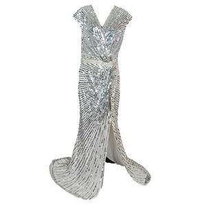 Mac Duggal Silver Sequin Gown Formal Evening Dress High Slit Sz 14W Prom Elegant